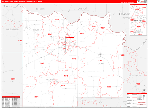 Wichita Falls Tx Metro Area Zip Code Wall Map Red Line Style By